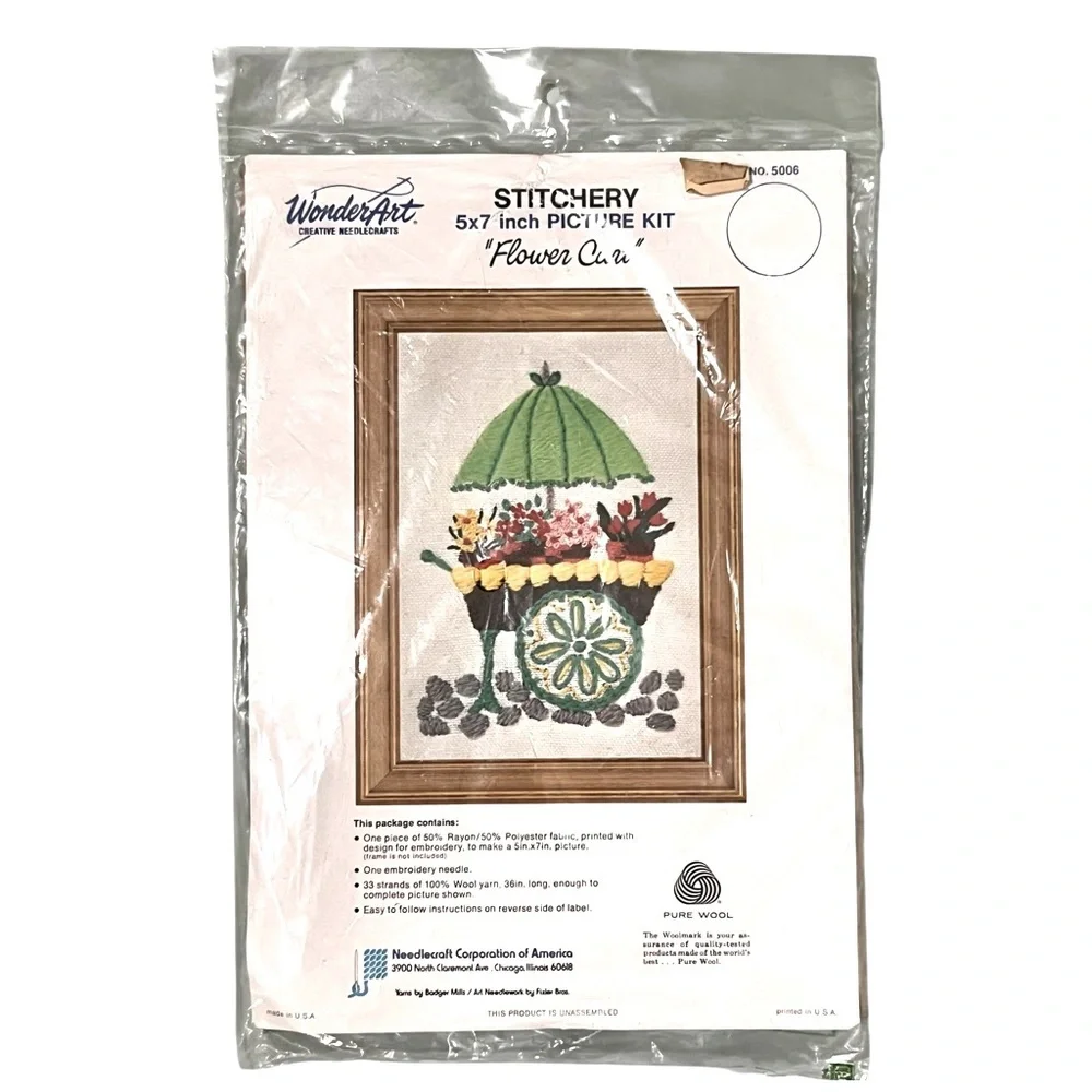 Vintage Wonder Art Flower Cart Stitchery Kit New Old Stock